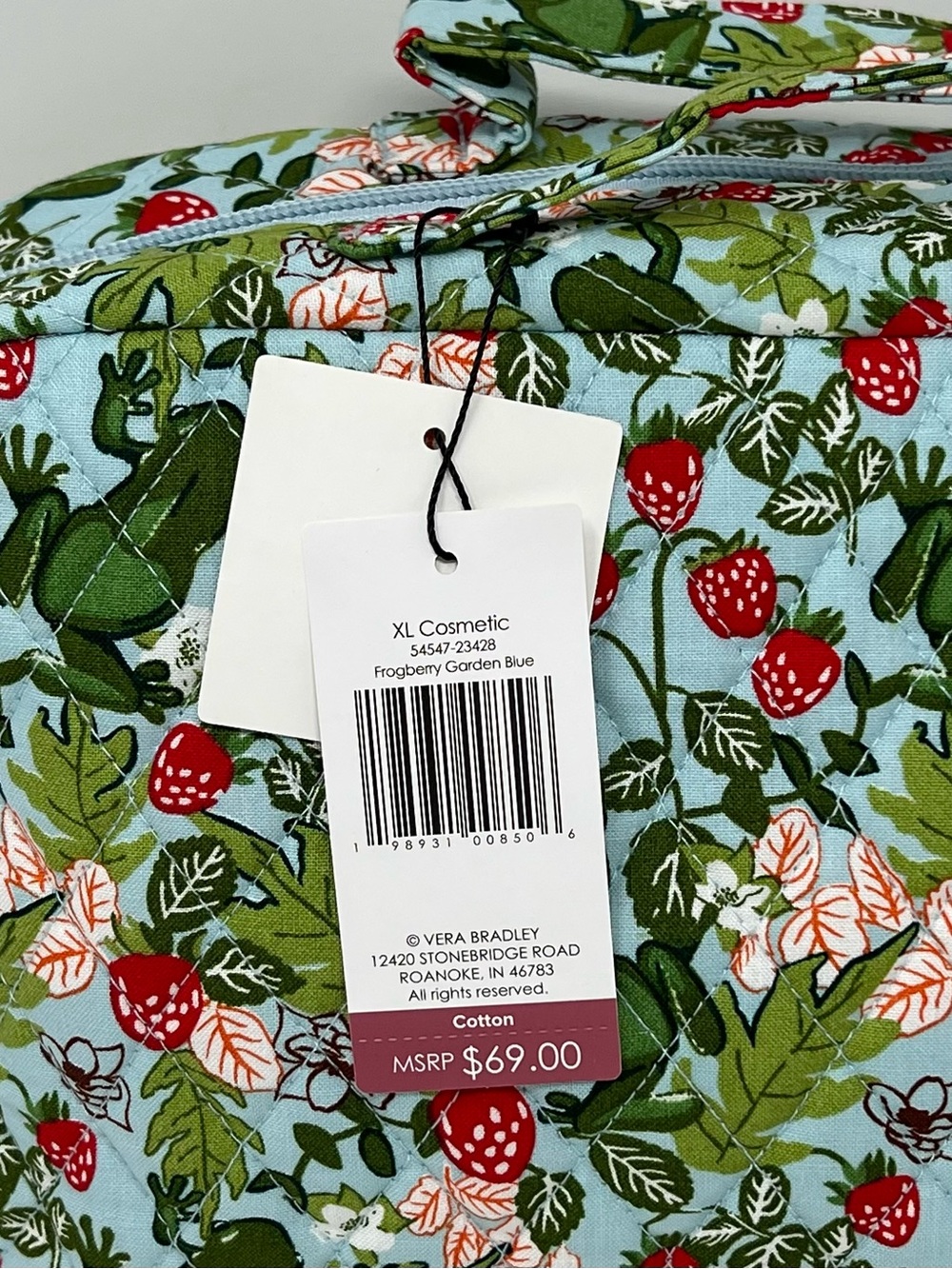 Vera Bradley XL Cosmetic Bag Frogberry Garden Blue Frogs Strawberry NWT - Picture 3 of 8